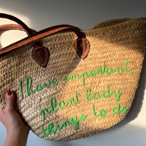 Poolside large beach tote long handles bag embroidered plant lady straw woven - Picture 5 of 13